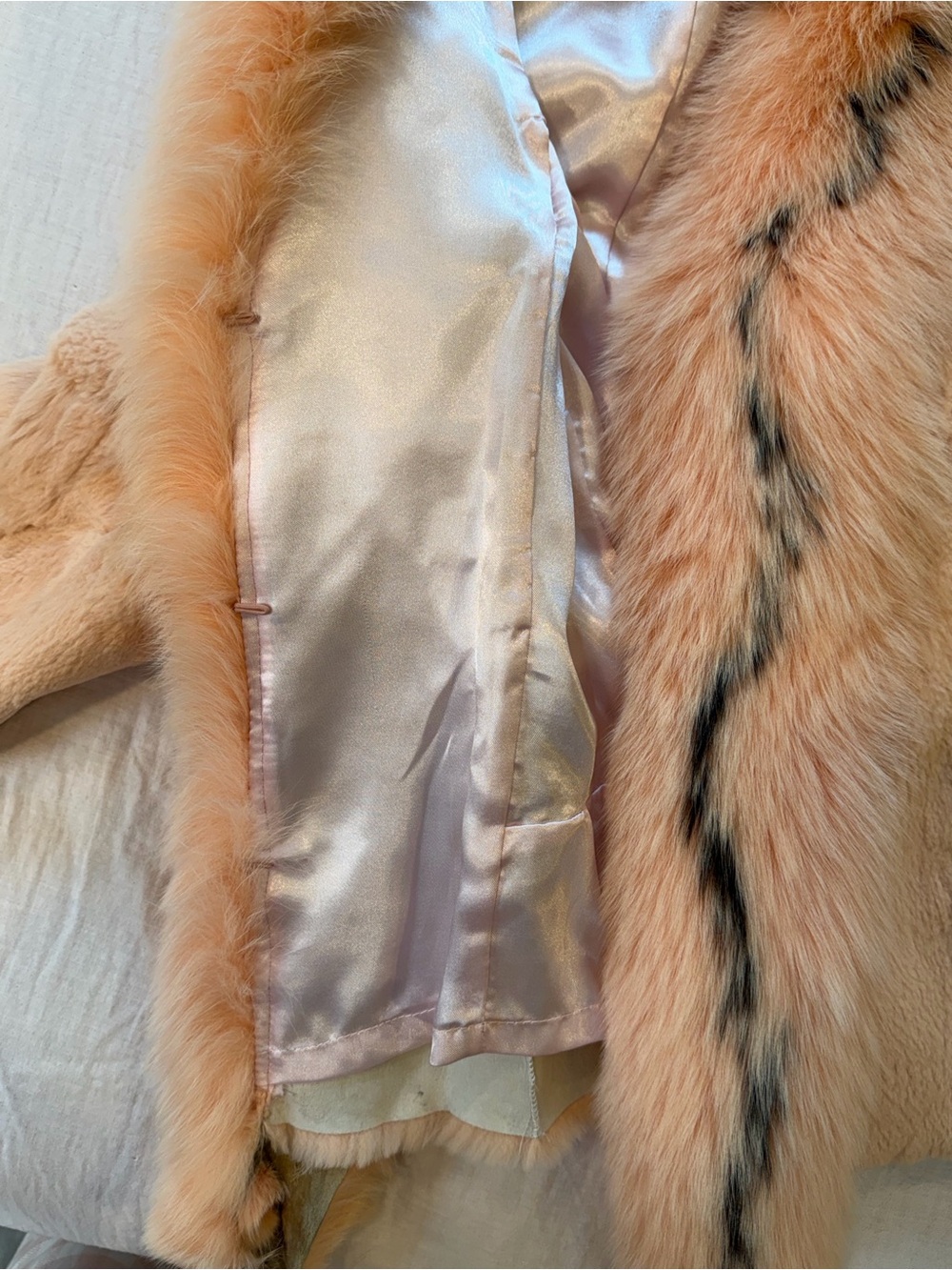 Vintage Pink Rabbit Fur Jacket Extra Long Fox Fur Collar Y2K XS/S - Picture 7 of 8